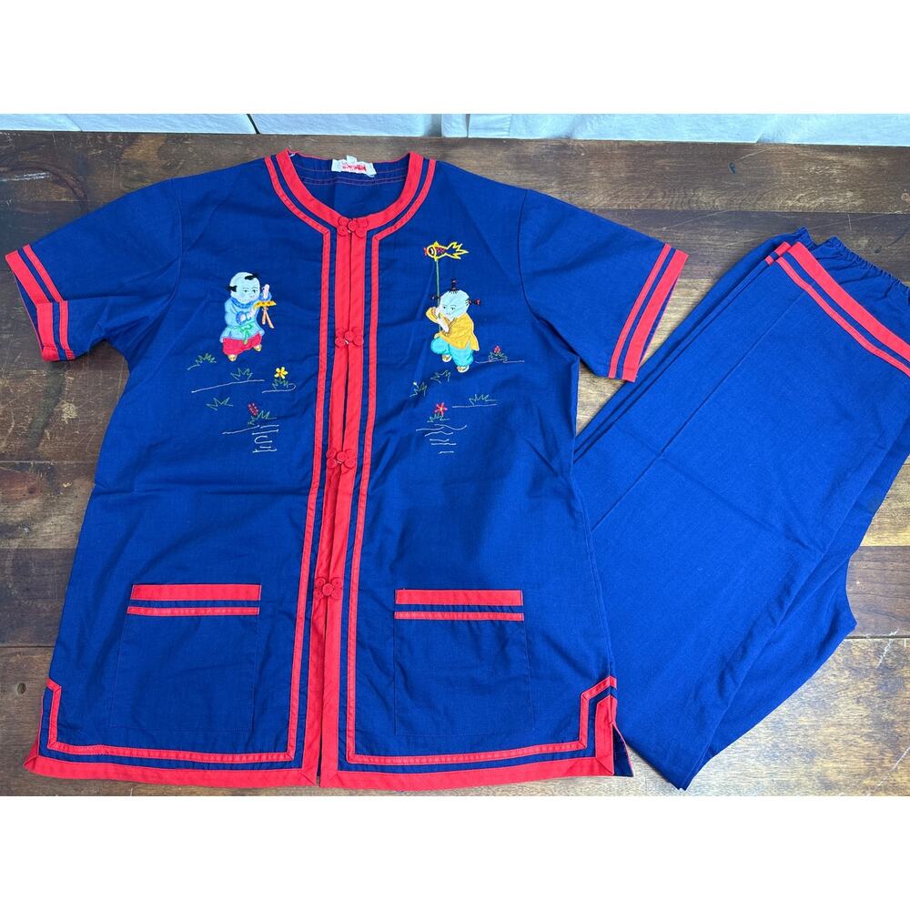 Plum Blossoms Vintage Traditional Asian Outfit Navy Blue & Red Youth Size 14